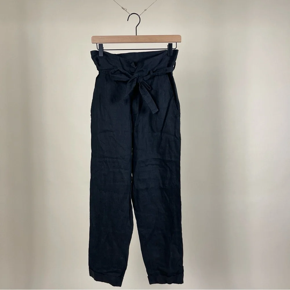 Reformation Fisher Paperbag Surplus Linen Blend Tapered Trouser Pants in Black